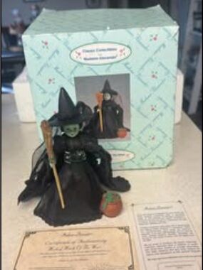 Madame Alexander Black Witch Figurine with Green Face and Orange Pumpkin